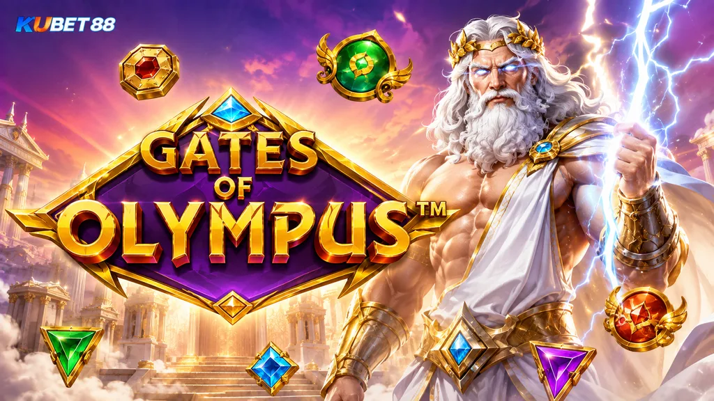 Gates of Olympus เกมสล็อตธีมเทพเจ้ากรีก พร้อมสัญลักษณ์สายฟ้า อัญมณี และบรรยากาศโอลิมปัส